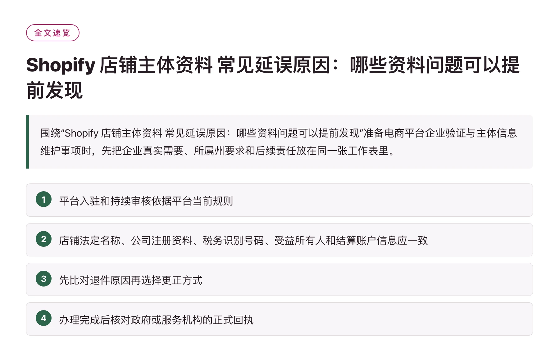Shopify 店铺主体资料 常见延误原因：哪些资料问题可以提前发现——全文要点速览